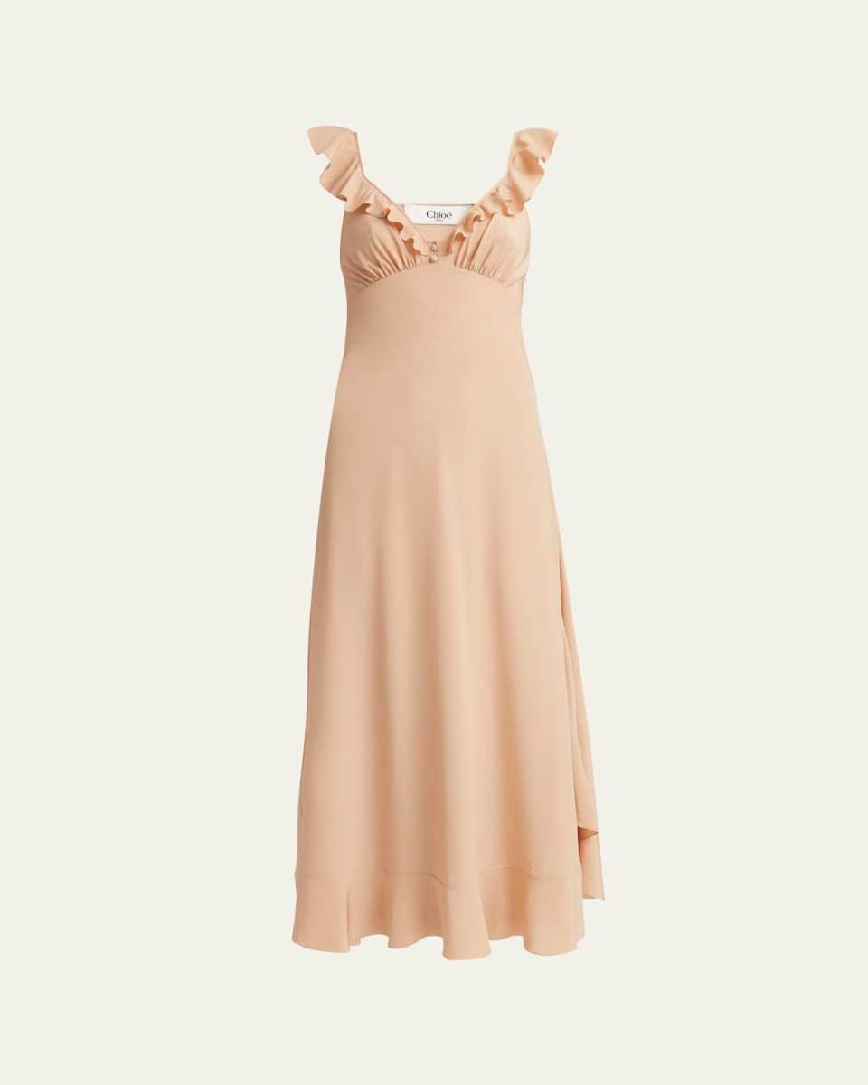 Long Ruffle Crepe De Chine Dress